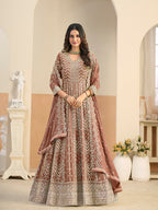 Monjolika Fashion Faux Georgette Brown Embroidered Anarkali Salwar Kameez | Grocsy