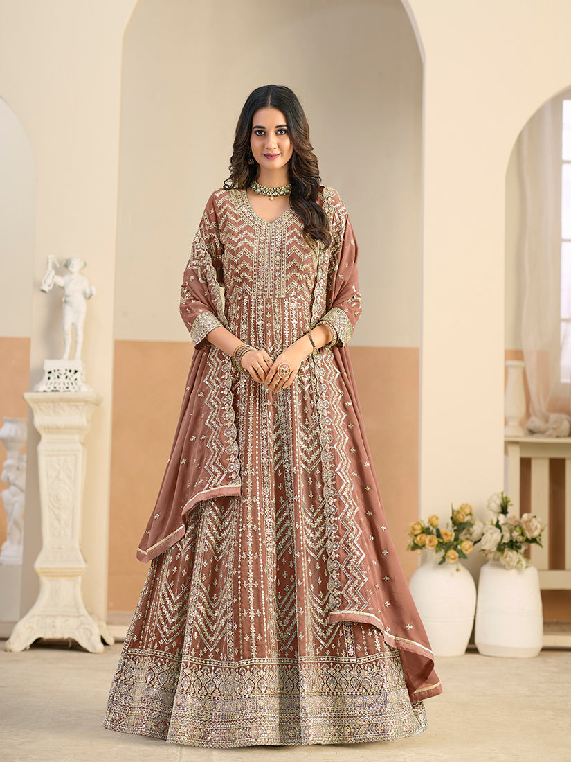 Monjolika Fashion Faux Georgette Brown Embroidered Anarkali Salwar Kameez | Grocsy