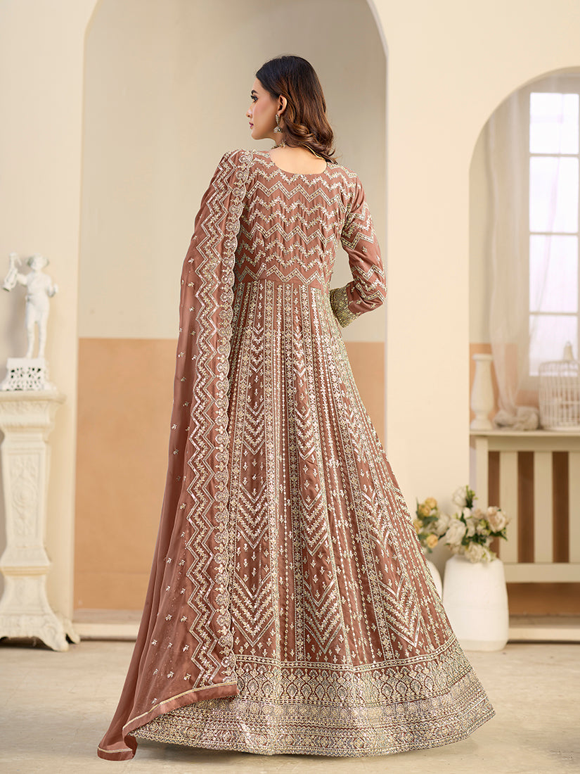 Monjolika Fashion Faux Georgette Brown Embroidered Anarkali Salwar Kameez | Grocsy