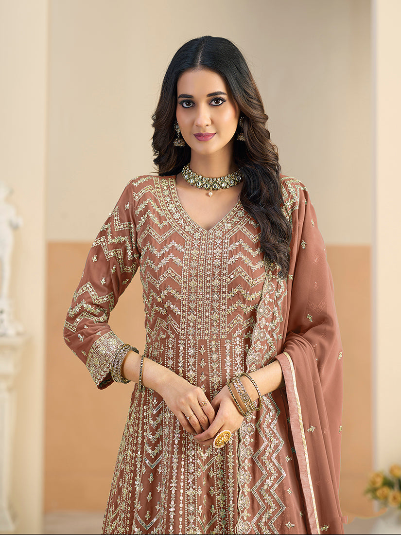 Monjolika Fashion Faux Georgette Brown Embroidered Anarkali Salwar Kameez | Grocsy