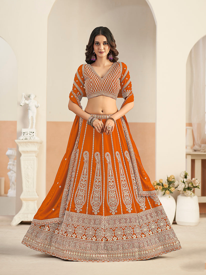Monjolika Fashion Orange Faux Georgette Embroidered Lehenga Choli | Grocsy