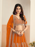 Monjolika Fashion Orange Faux Georgette Embroidered Lehenga Choli | Grocsy