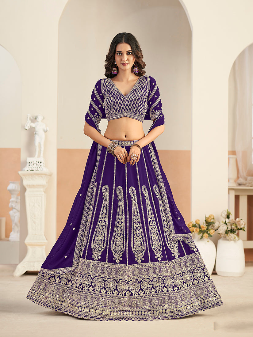 Monjolika Fashion Purple Faux Georgette Embroidered Lehenga Choli | Grocsy