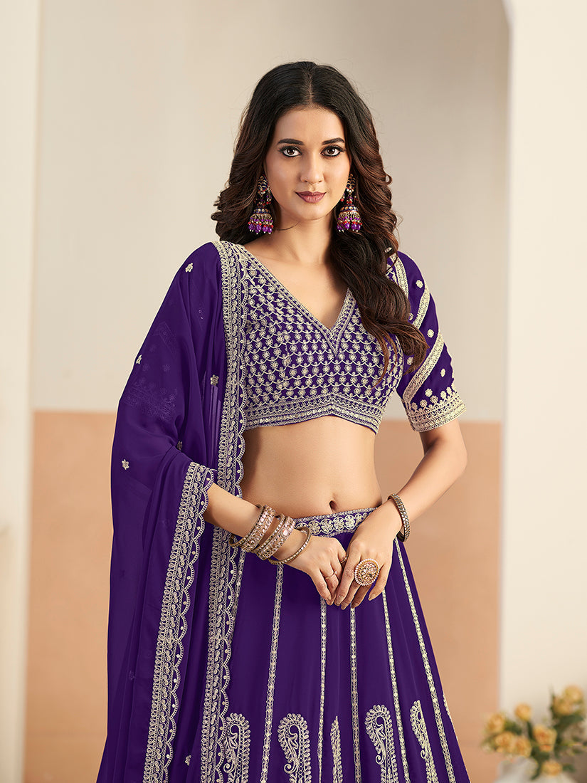Monjolika Fashion Purple Faux Georgette Embroidered Lehenga Choli | Grocsy