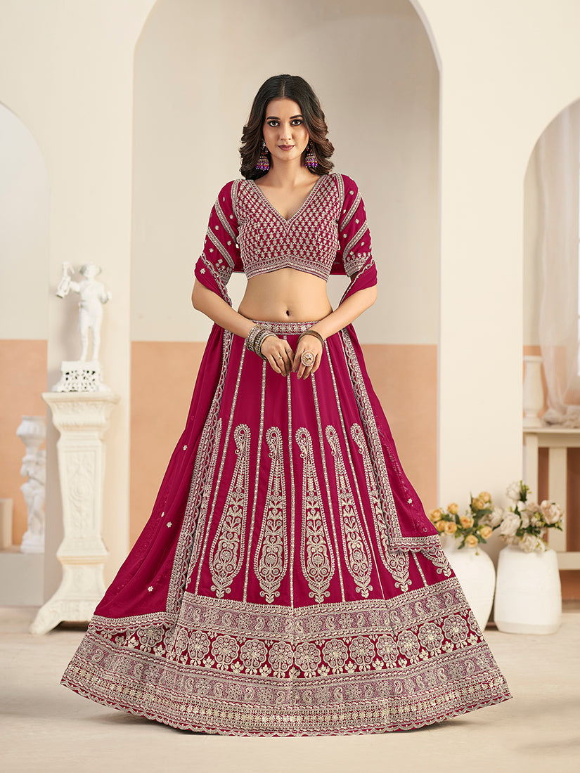 Monjolika Fashion Rani Pink Faux Georgette Embroidered Lehenga Choli | Grocsy