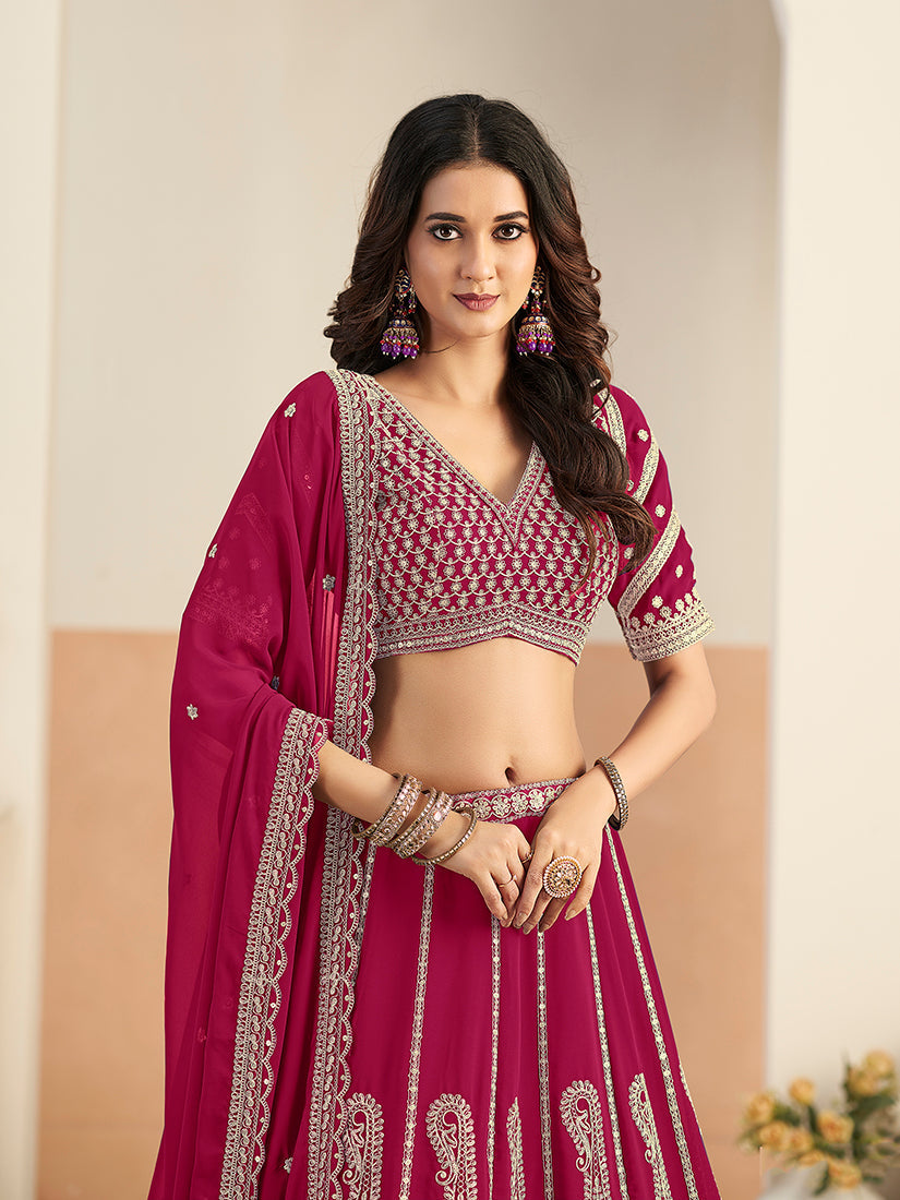 Monjolika Fashion Rani Pink Faux Georgette Embroidered Lehenga Choli | Grocsy