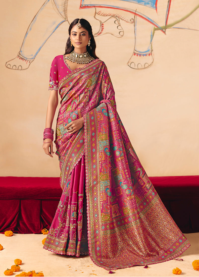 Monjolika Fashion Rani Pink Embroidered Silk Blend Saree | Grocsy