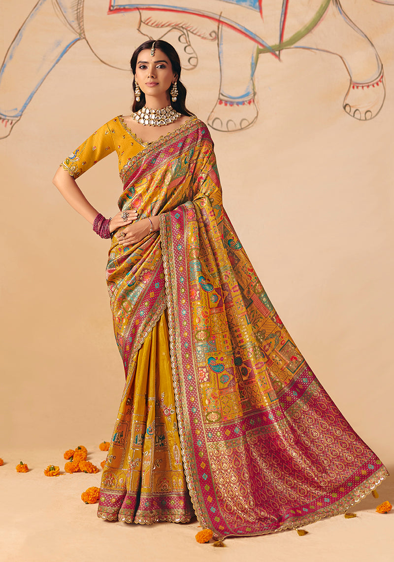 Monjolika Fashion Mustard Embroidered Silk Blend Saree | Grocsy