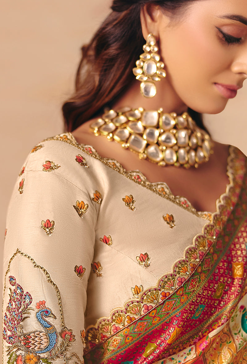 Monjolika Fashion Cream Embroidered Silk Blend Saree | Grocsy
