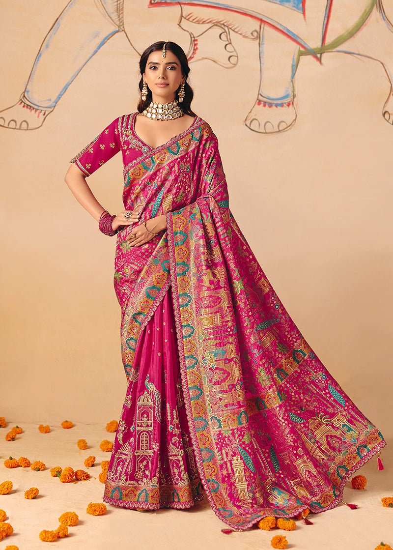 Monjolika Fashion Rani Pink Embroidered Silk Blend Saree | Grocsy
