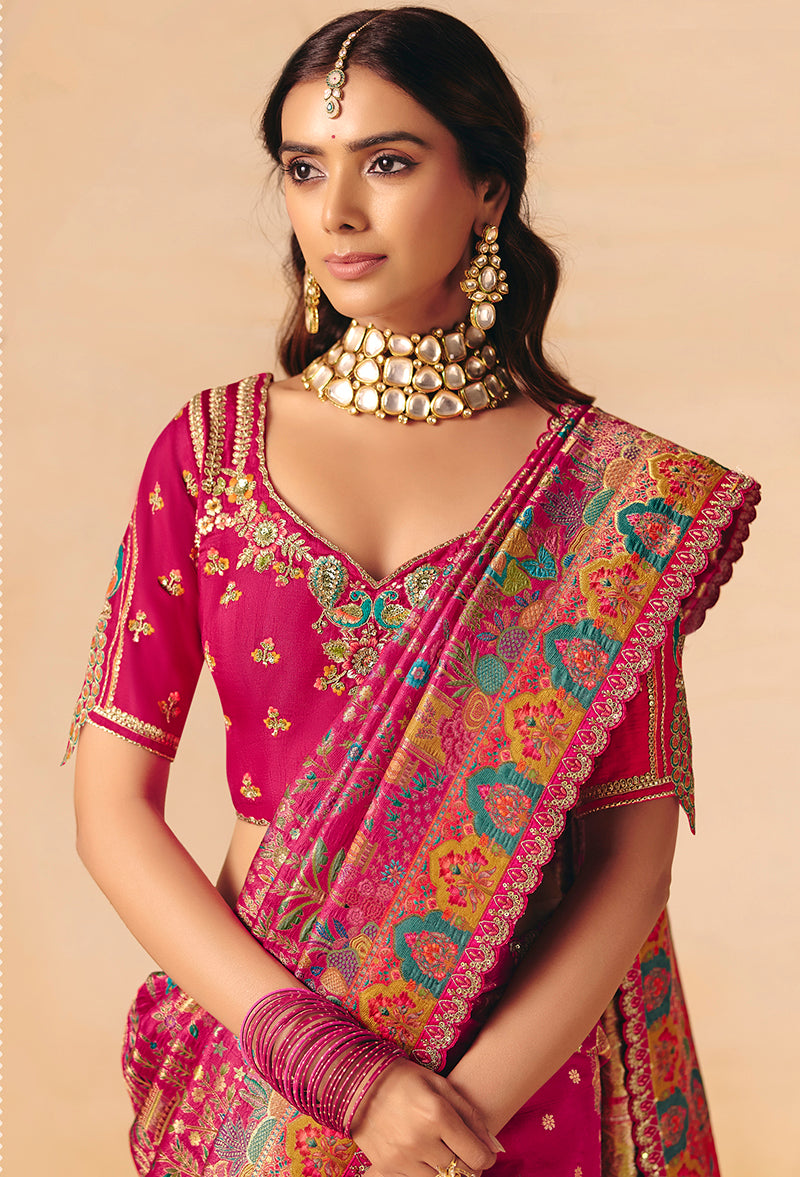 Monjolika Fashion Rani Pink Embroidered Silk Blend Saree | Grocsy