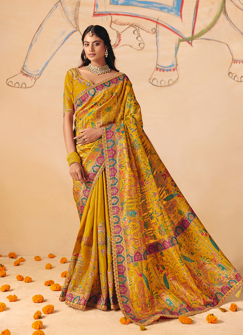 Monjolika Fashion Mustard Embroidered Silk Blend Saree | Grocsy