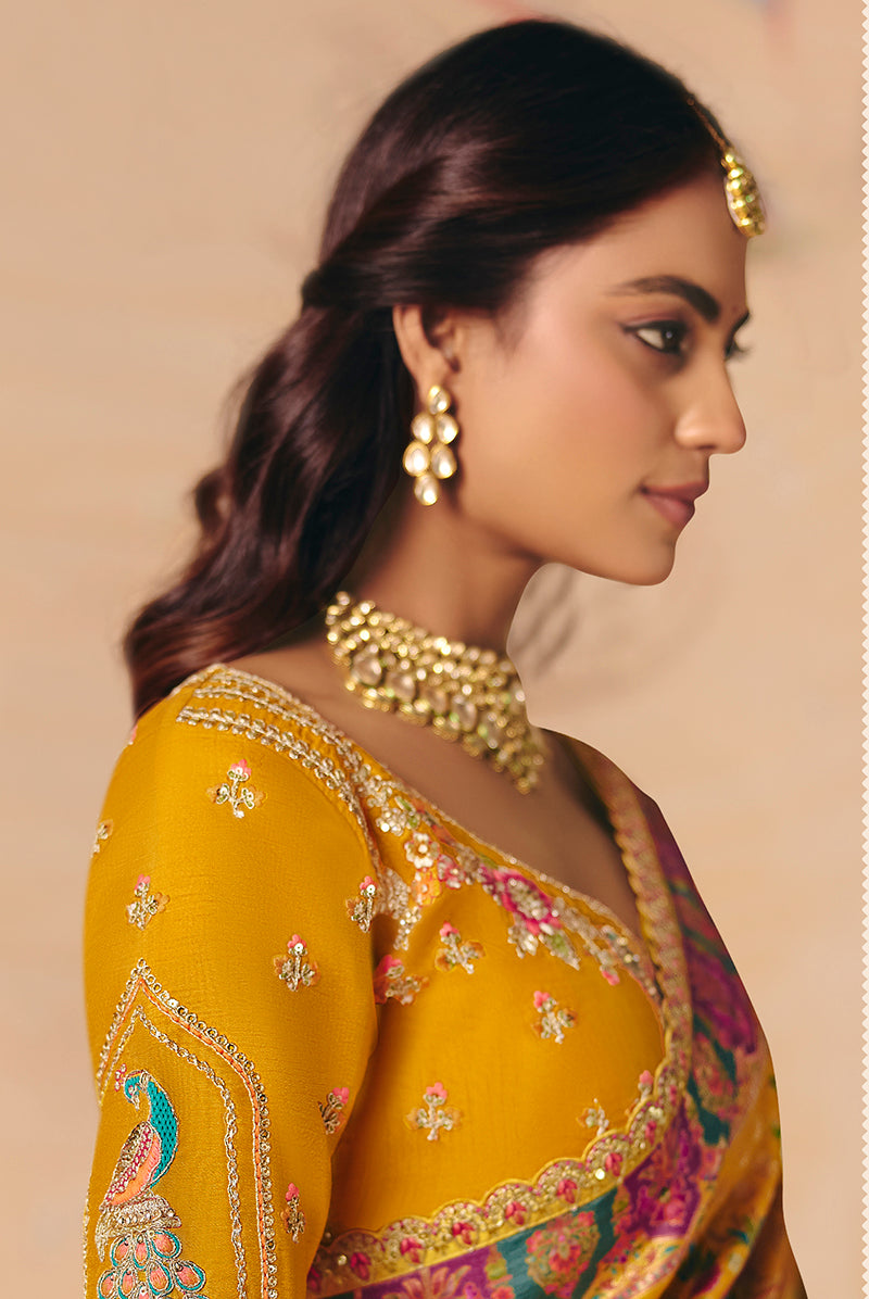 Monjolika Fashion Mustard Embroidered Silk Blend Saree | Grocsy