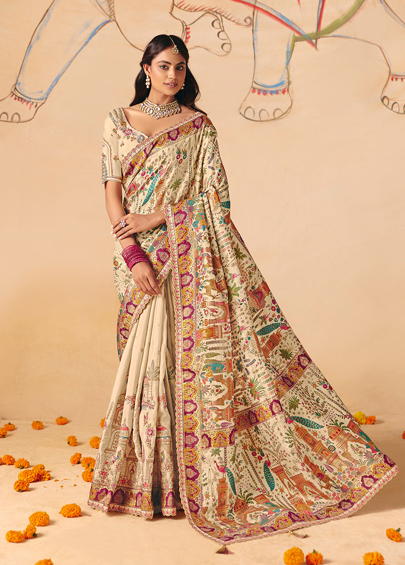Monjolika Fashion Cream Embroidered Silk Blend Saree | Grocsy