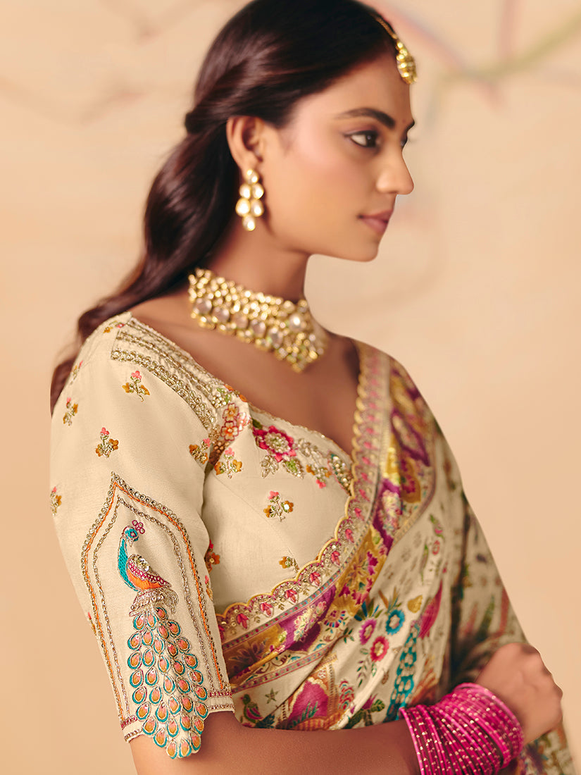 Monjolika Fashion Cream Embroidered Silk Blend Saree | Grocsy