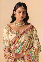 Monjolika Fashion Cream Embroidered Silk Blend Saree | Grocsy