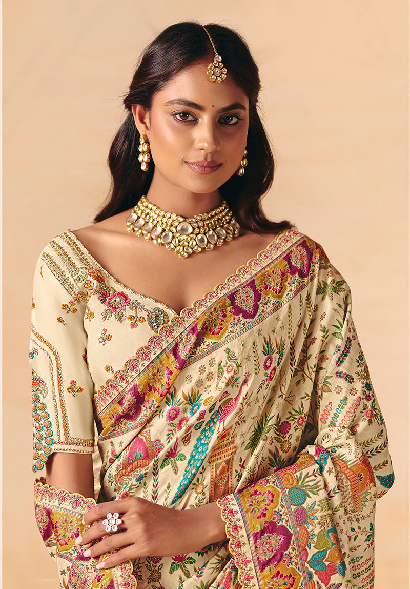 Monjolika Fashion Cream Embroidered Silk Blend Saree | Grocsy