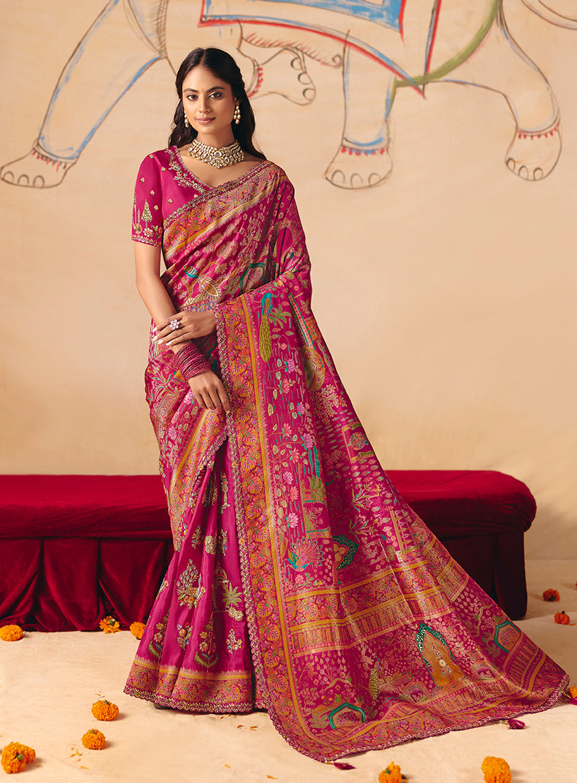 Monjolika Fashion Rani Pink Embroidered Silk Blend Saree | Grocsy