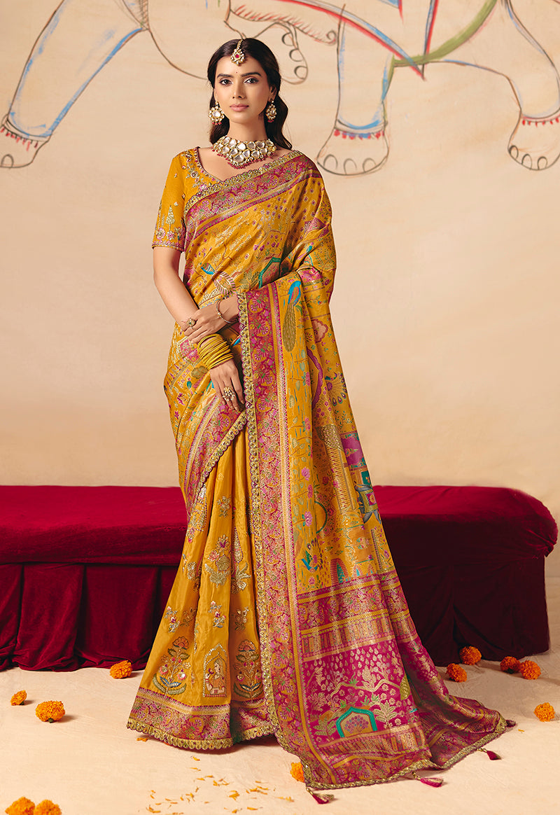 Monjolika Fashion Mustard Embroidered Silk Blend Saree | Grocsy