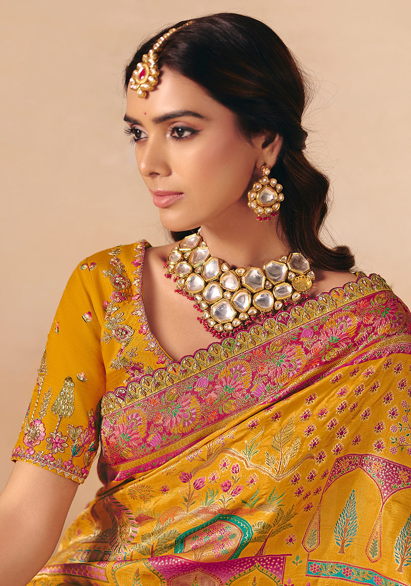 Monjolika Fashion Mustard Embroidered Silk Blend Saree | Grocsy