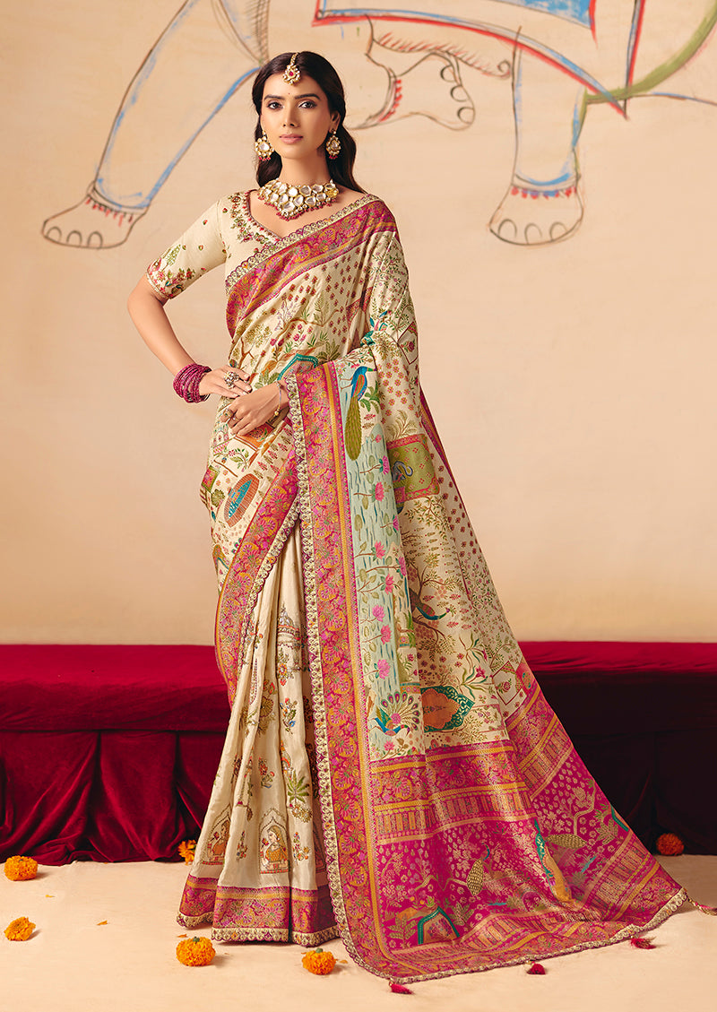 Monjolika Fashion Cream Embroidered Silk Blend Saree | Grocsy