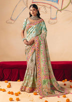 Monjolika Fashion Aqua Blue Embroidered Silk Blend Saree | Grocsy