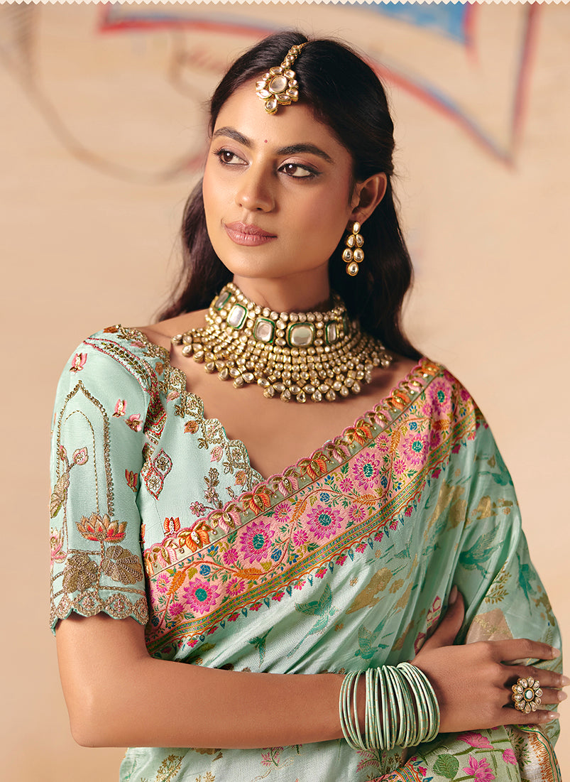 Monjolika Fashion Aqua Blue Embroidered Silk Blend Saree | Grocsy