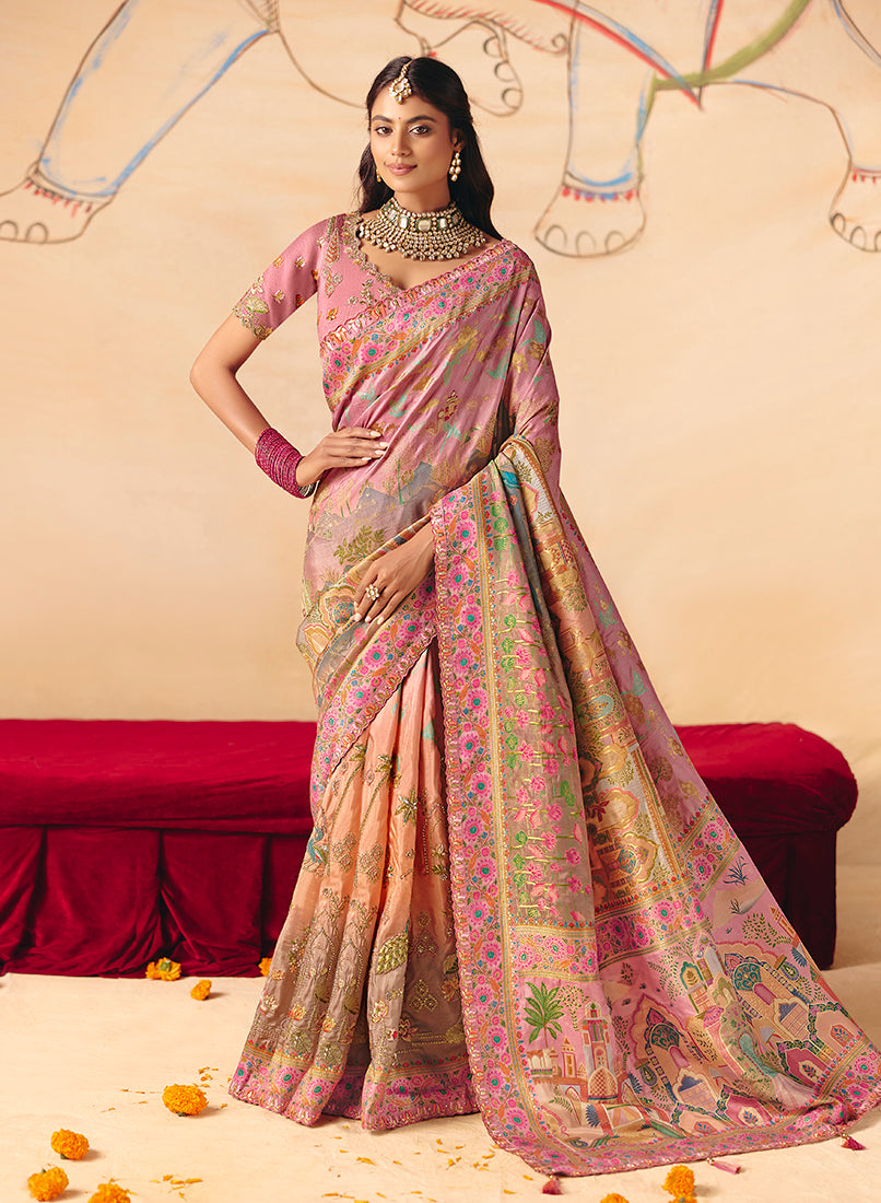 Monjolika Fashion Pink Embroidered Silk Blend Saree | Grocsy