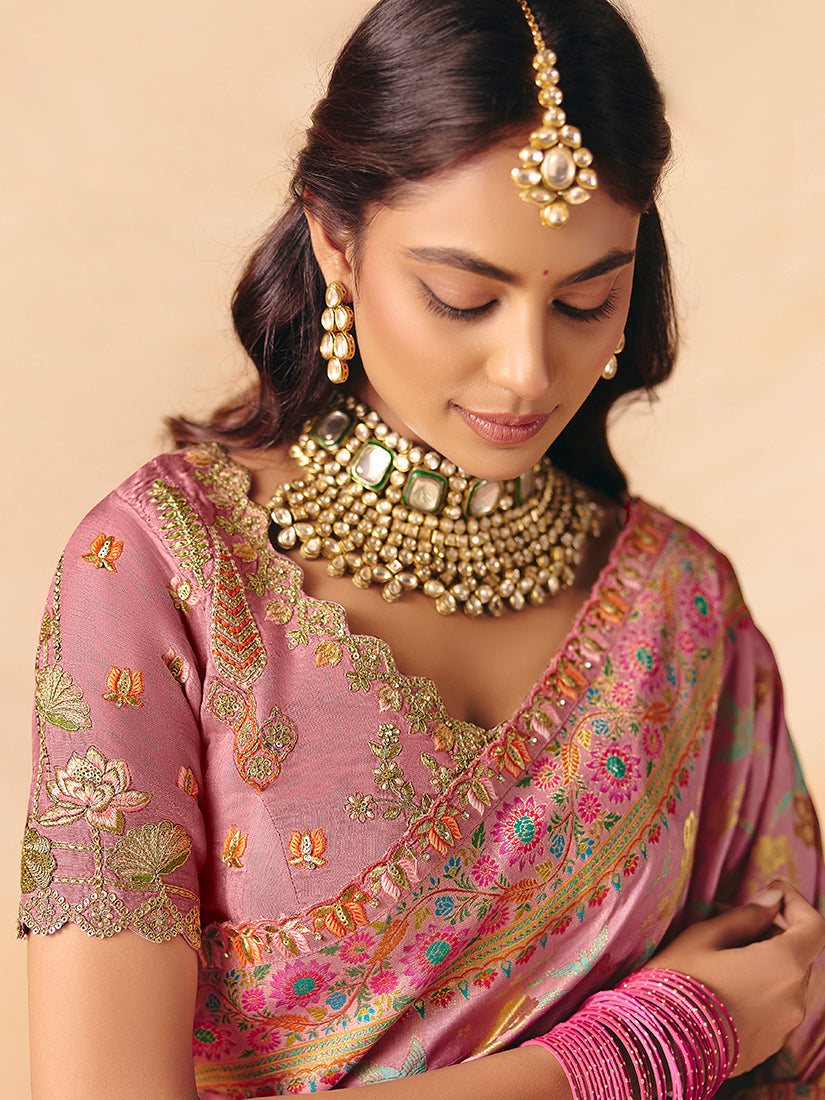 Monjolika Fashion Pink Embroidered Silk Blend Saree | Grocsy