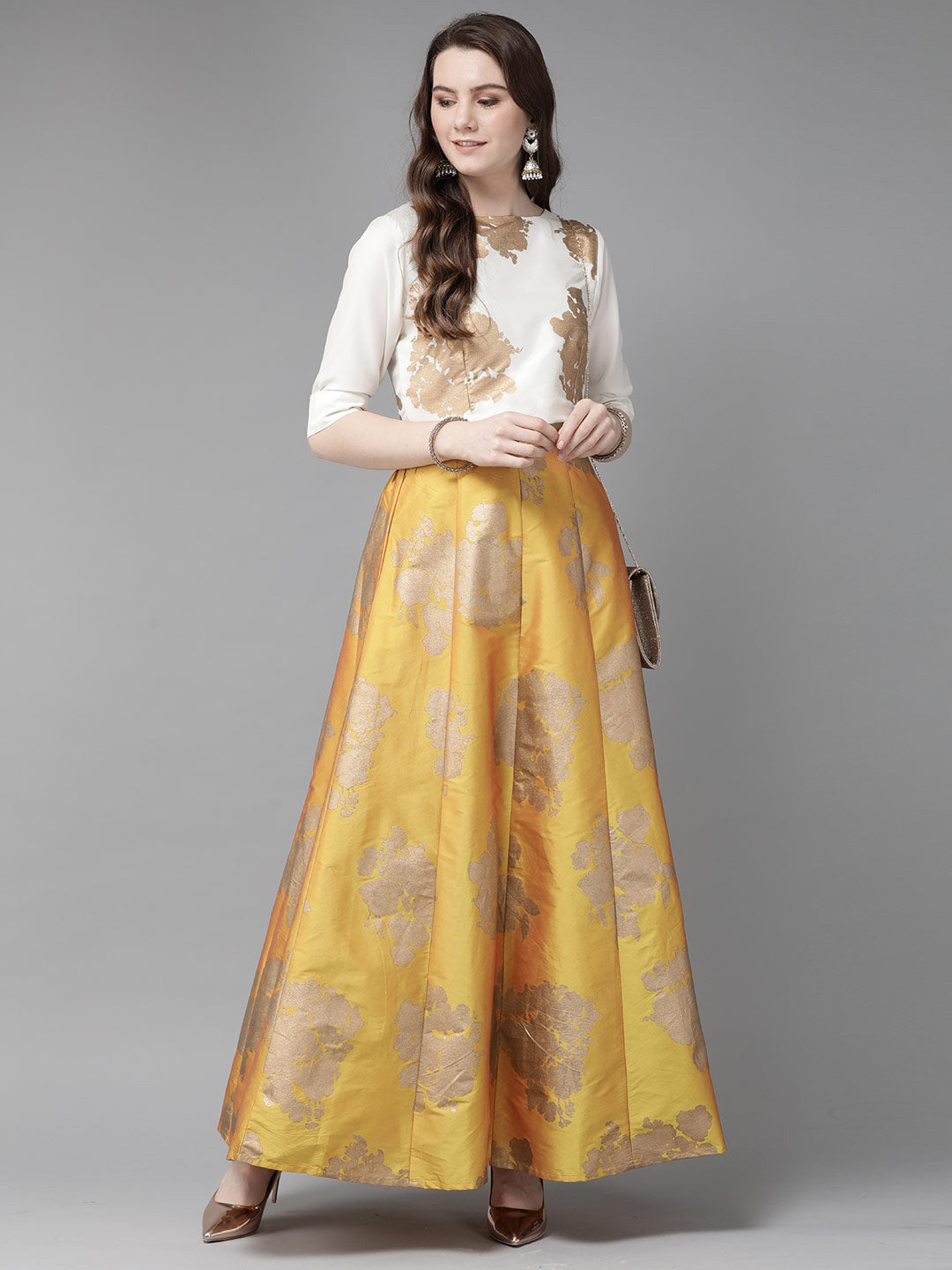 Juniper Women Mustard Dupion Printed Flared Lehenga Choli Sets | Grocsy