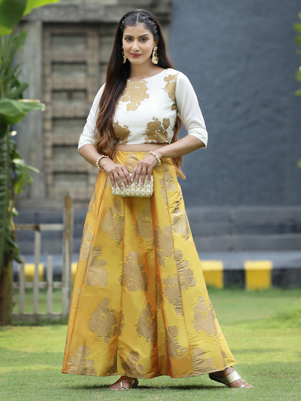 Juniper Women`s Mustard Dupion Printed Flared Lehenga Choli Sets | Grocsy