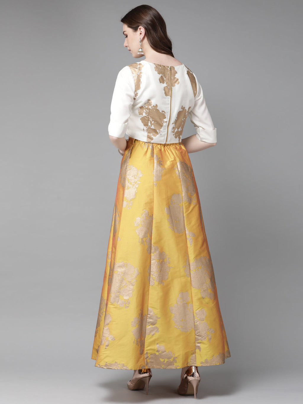 Juniper Women Mustard Dupion Printed Flared Lehenga Choli Sets | Grocsy