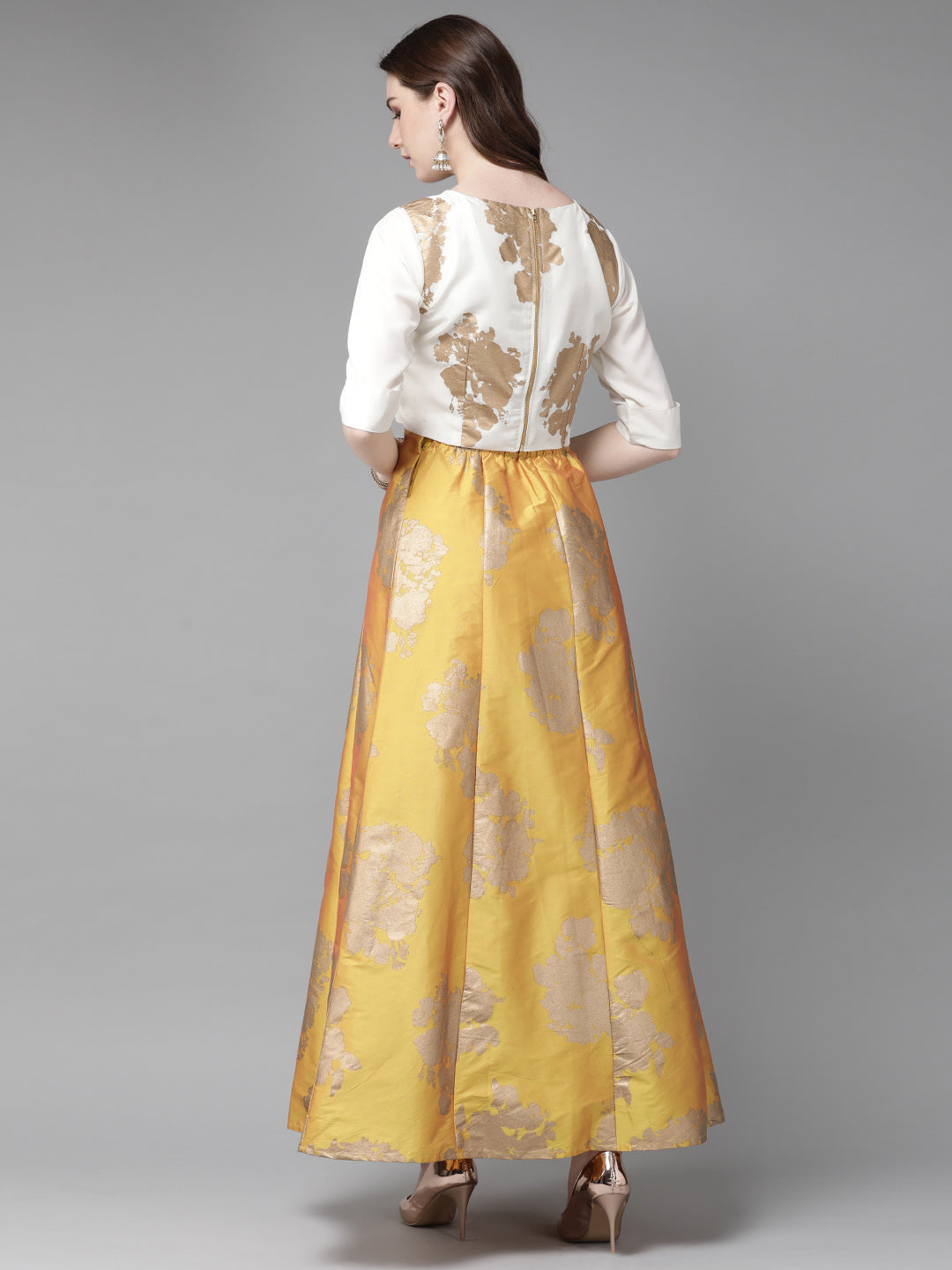 Juniper Women Mustard Dupion Printed Flared Lehenga Choli Sets | Grocsy