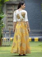 Juniper Women`s Mustard Dupion Printed Flared Lehenga Choli Sets | Grocsy