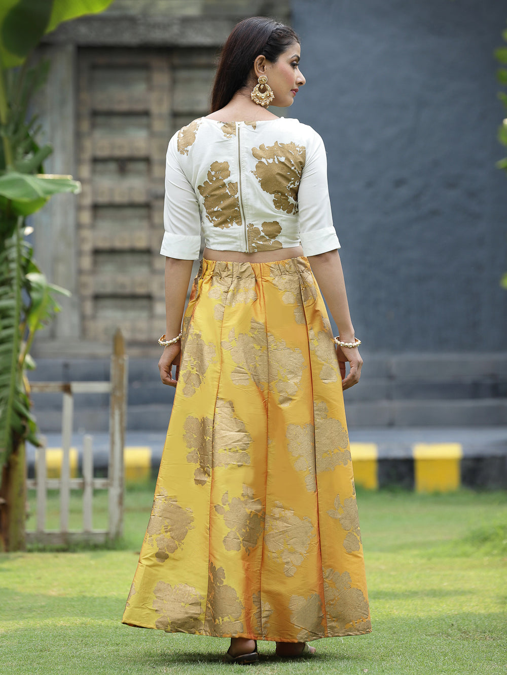 Juniper Women`s Mustard Dupion Printed Flared Lehenga Choli Sets | Grocsy