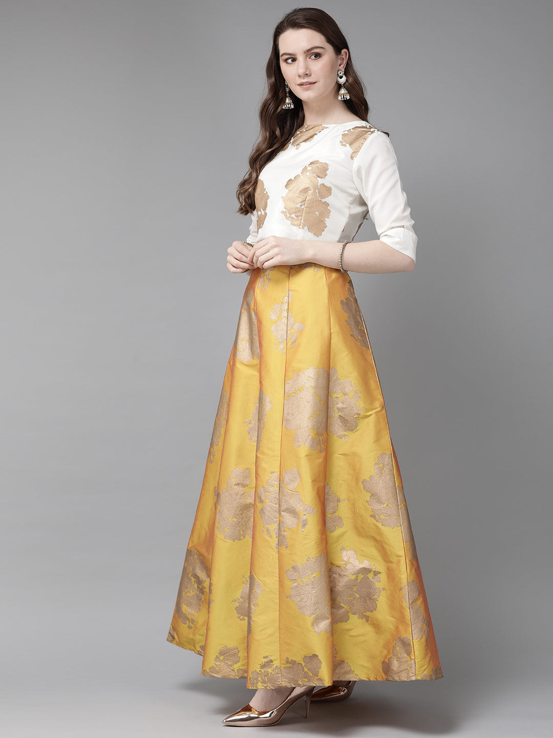 Juniper Women Mustard Dupion Printed Flared Lehenga Choli Sets | Grocsy
