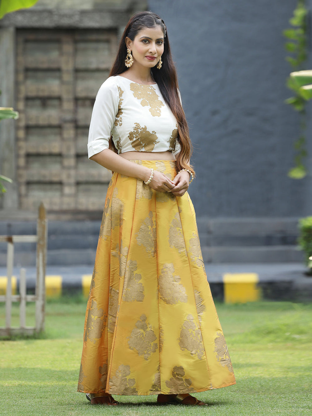 Juniper Women`s Mustard Dupion Printed Flared Lehenga Choli Sets | Grocsy