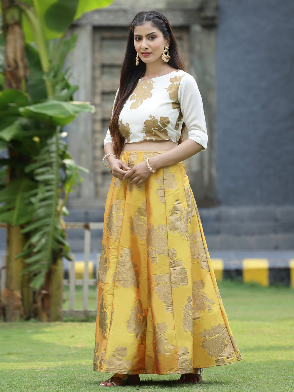 Juniper Women`s Mustard Dupion Printed Flared Lehenga Choli Sets | Grocsy