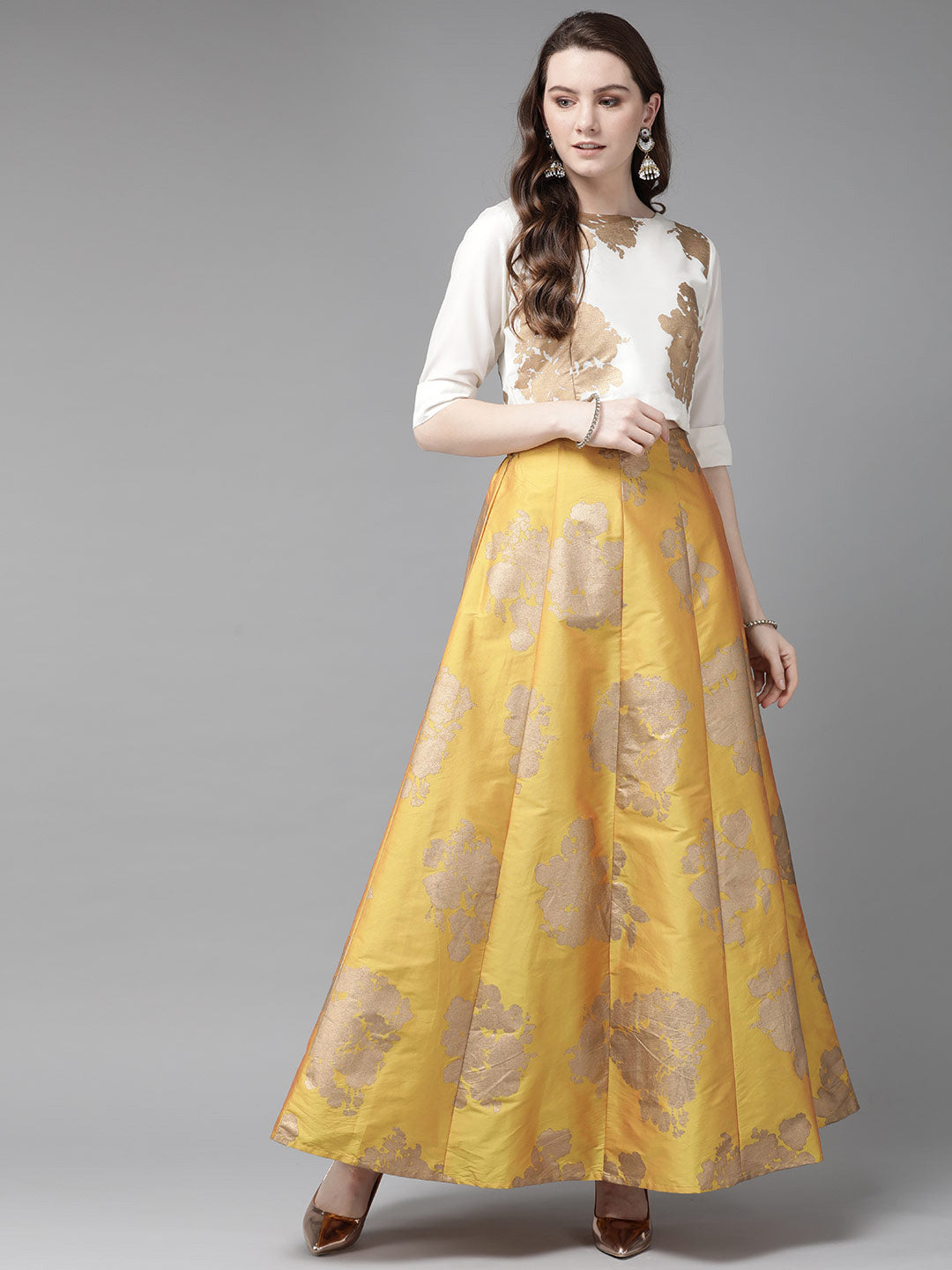 Juniper Women Mustard Dupion Printed Flared Lehenga Choli Sets | Grocsy