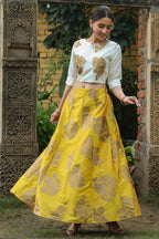 Juniper Women`s Mustard Dupion Printed Flared Lehenga Choli Sets | Grocsy