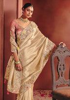 Monjolika Fashion Cream Silk Blend Embroidered Saree | Grocsy