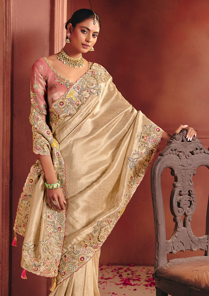 Monjolika Fashion Cream Silk Blend Embroidered Saree | Grocsy