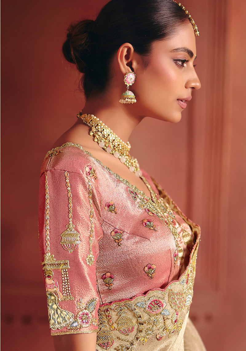 Monjolika Fashion Cream Silk Blend Embroidered Saree | Grocsy