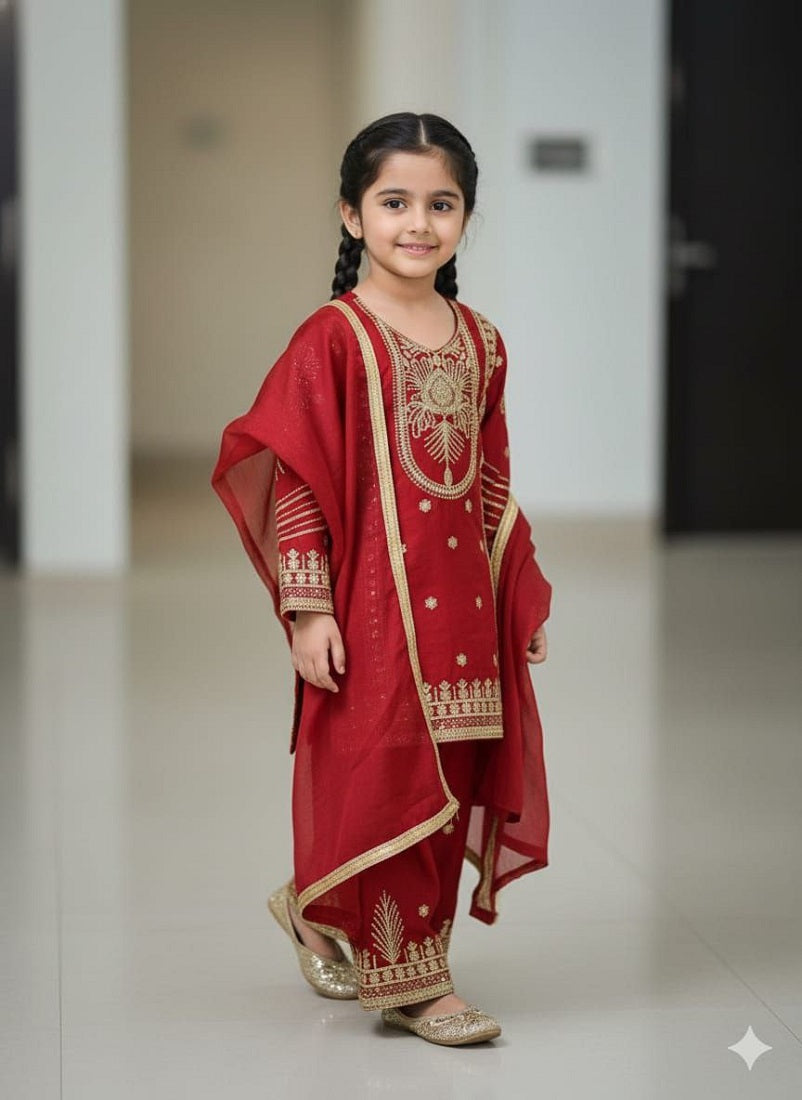 Evanik Red Embroidered Sequence Work Fendy Silk Kids Kurta Set | Grocsy