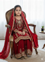 Evanik Red Embroidered Sequence Work Fendy Silk Kids Kurta Set | Grocsy