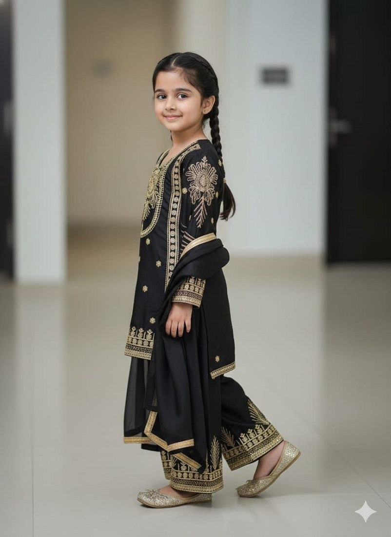 Evanik Black Embroidered Sequence Work Fendy Silk Kids Kurta Set | Grocsy