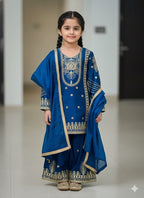 Evanik Blue Embroidered Sequence Work Fendy Silk Kids Kurta Set | Grocsy