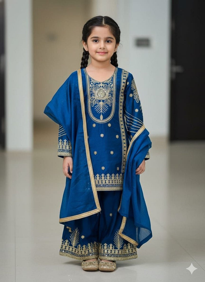 Evanik Blue Embroidered Sequence Work Fendy Silk Kids Kurta Set | Grocsy