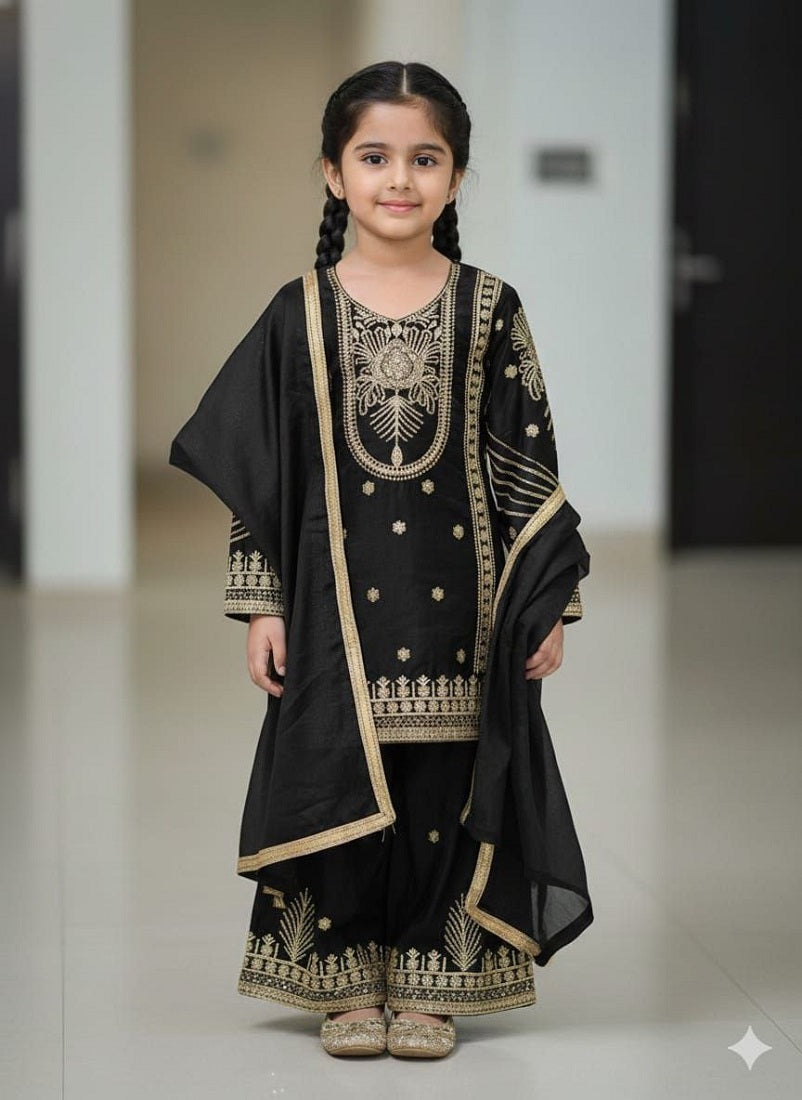 Evanik Black Embroidered Sequence Work Fendy Silk Kids Kurta Set | Grocsy