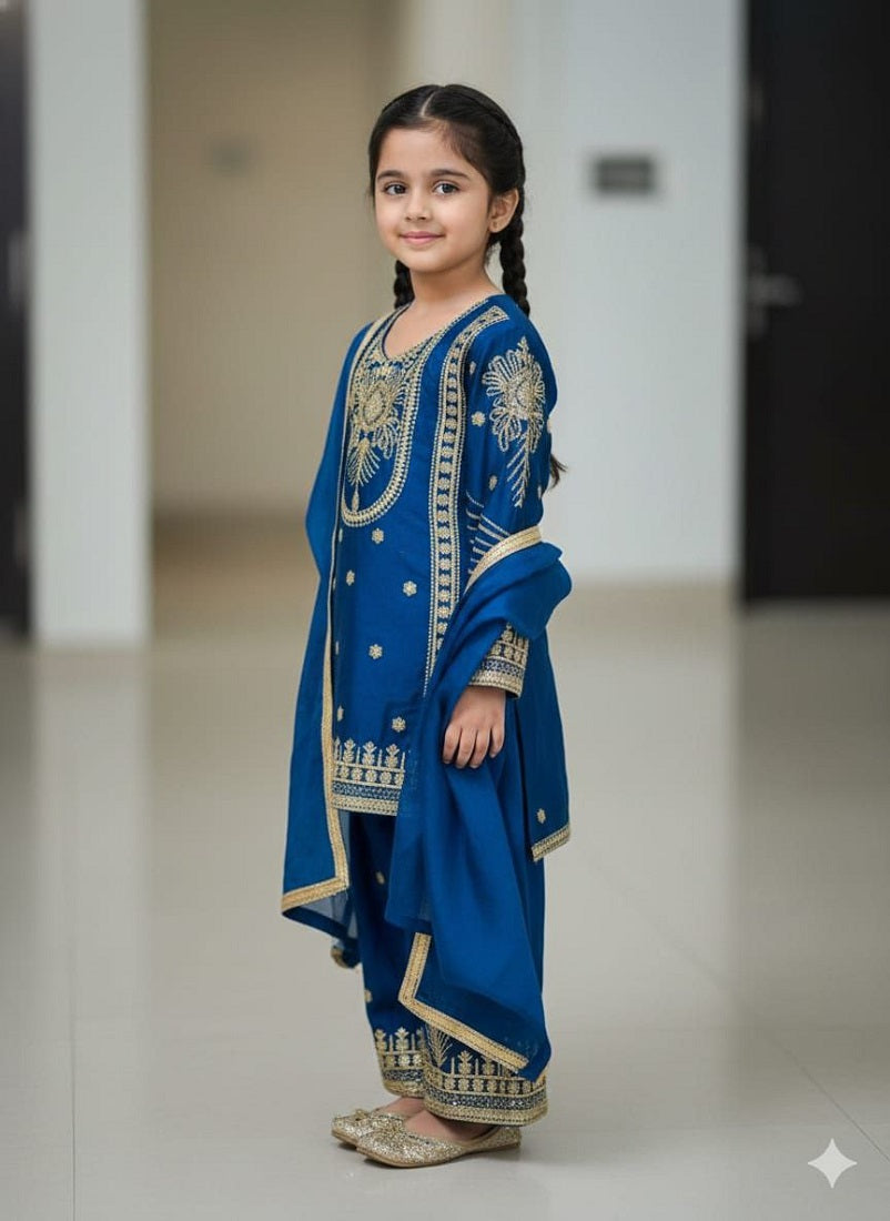 Evanik Blue Embroidered Sequence Work Fendy Silk Kids Kurta Set | Grocsy